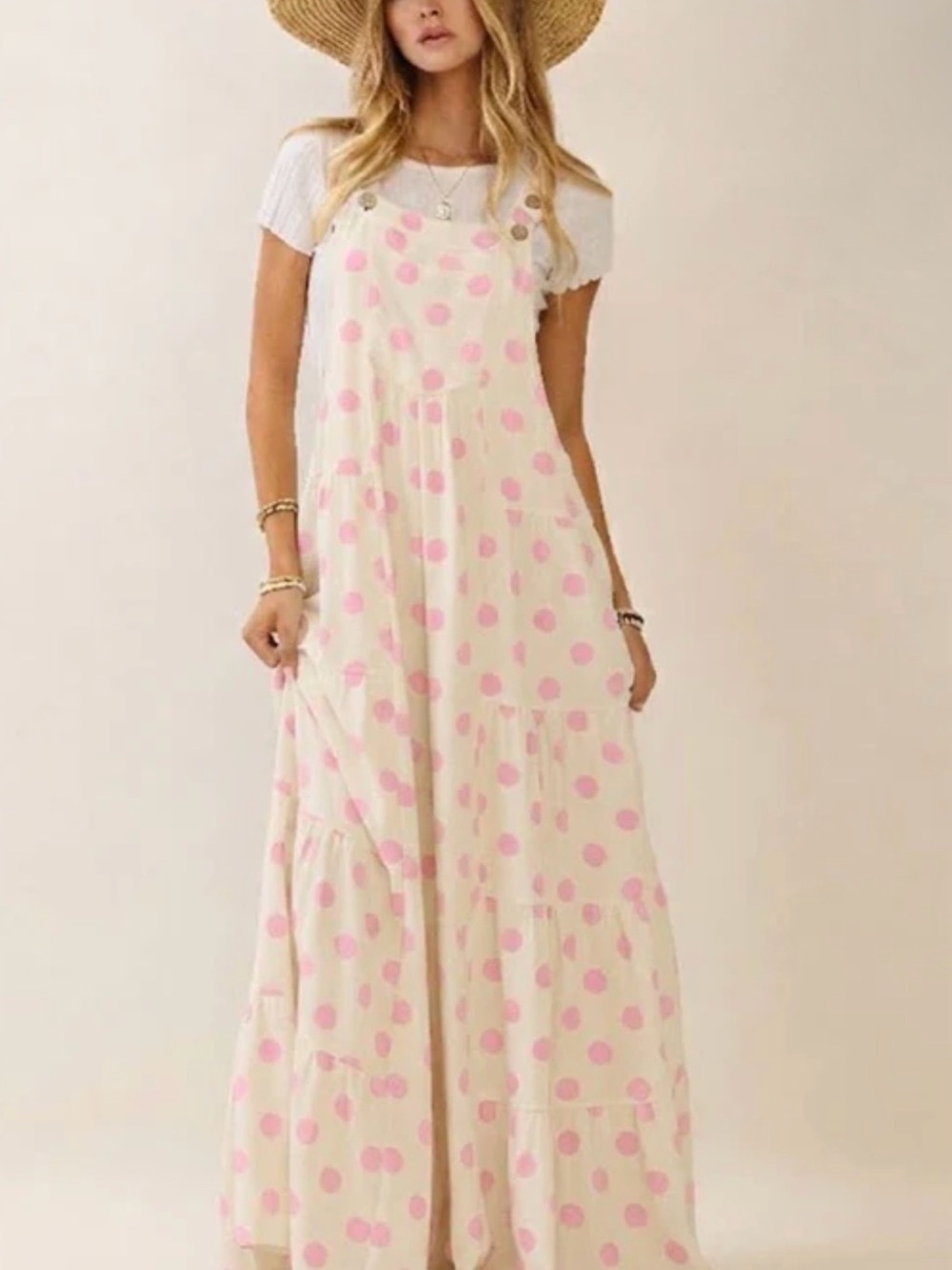 Cream and Pink Polka Dot Tiered Jumpsuit